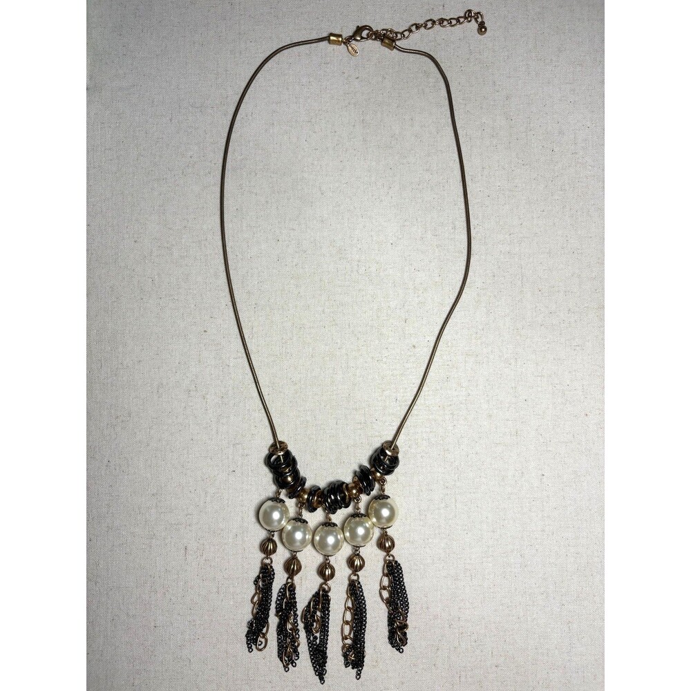 Chico's Necklace Pearl gold and silver tone fringe tassel snake chain 35